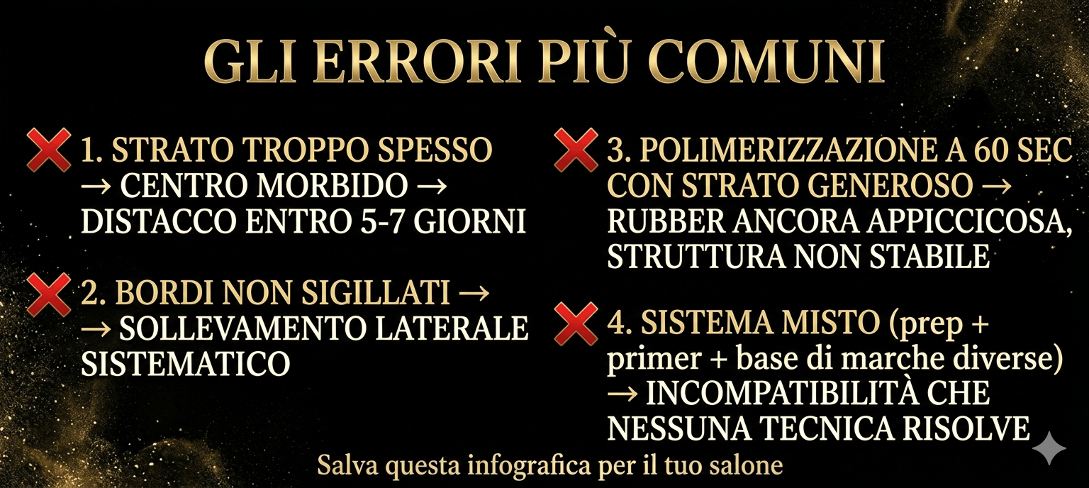infografica errori più comuni nell'applicazione della base rubber gel per semipermanente professionale